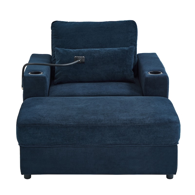 Modern Style Armchair with a Movable Storage Ottoman, Two USB Ports, Two Cup Holders, a Phone Holder and Side Pockets