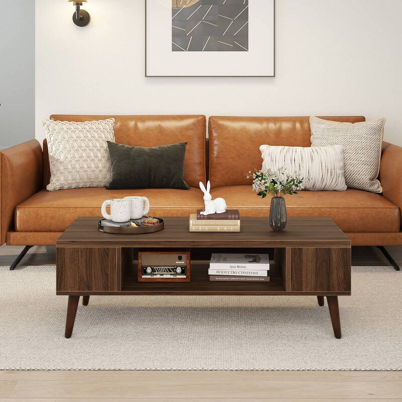 Gymax 42'' Rectangular Center Table w/Open Compartment & 2 Side