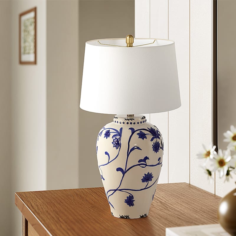 Blue and White Porcelain Table Lamp with Linen Shade - 13'' W × 13'' D × 26'' H