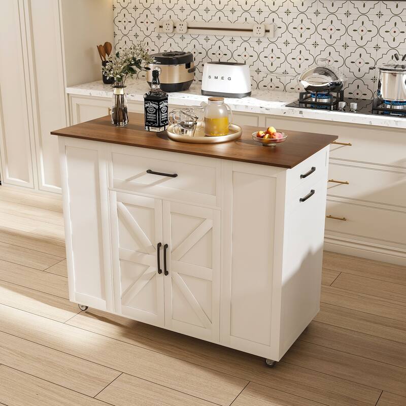46 inch Kitchen Island on Wheels with Storage and Power Outlet