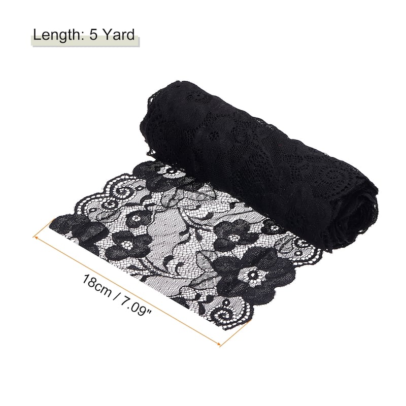 7 Inch Wide 5 Yard Lace Ribbon Floral Pattern Black Lace Trim Ribbon - Black