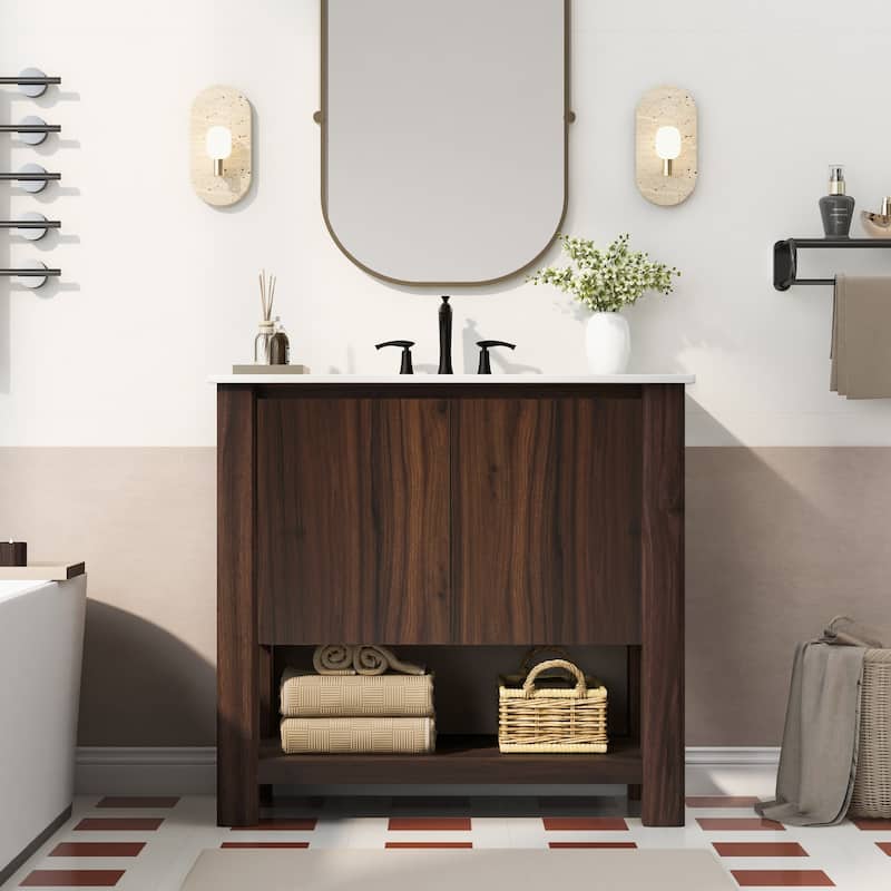 Bathroom Vanity with Ceramic Sink, Bathroom Cabinet with Soft-Closing Doors, Freestanding Cabinet with Open Shelf