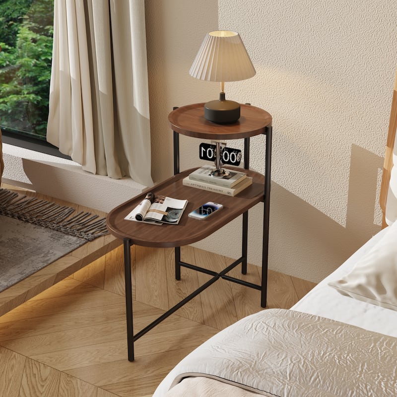 Anmytek Walnut and Black Metal Side Table 2 Tier End Table for Living Room and Bedroom