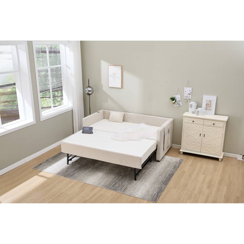 Twin Size Upholstered Daybed with Trundle, Velvet Sofa Bed with USB Port & Side Pockets, Modern V-Grained Backrest Guest Bed