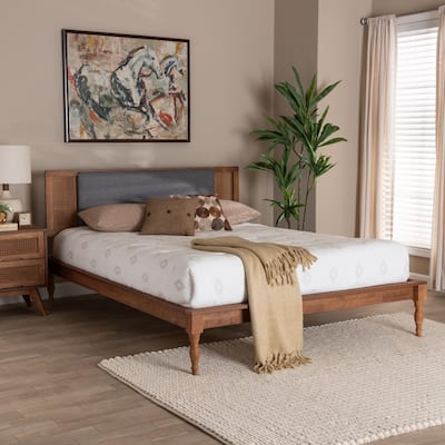 Eliseo Mid-Century Modern Dark Grey Fabric and Walnut Brown Finished Wood Platform Bed