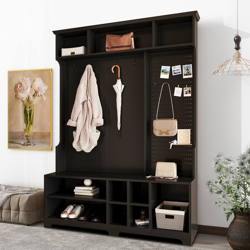 Contemporary Stylish Wooden High Hall Tree with Unique Pegboard - Black