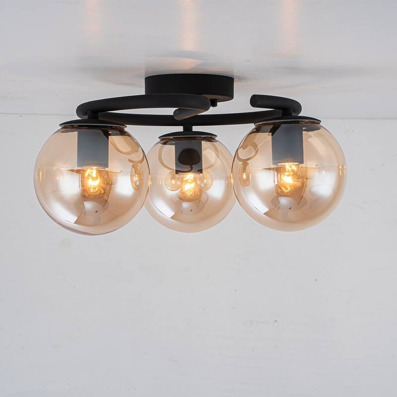 3 Light Matte Black Flush Mount Lighting Industrial with Amber Glass Globes - Dia.16.93-in