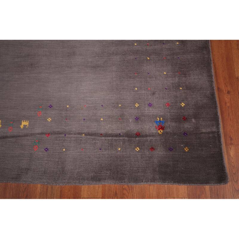 Earth Tone Gabbeh Indo Square Area Rug Hand-Knotted Wool Carpet - 8'2" X 7'10"