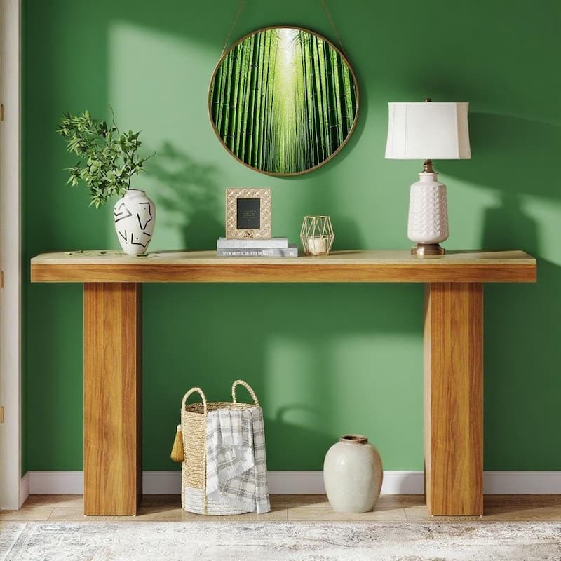 Brown Engineered Wood Console Table with Farmhouse Design and Storage - 62.9” L x 19.6” W x 41.3” H