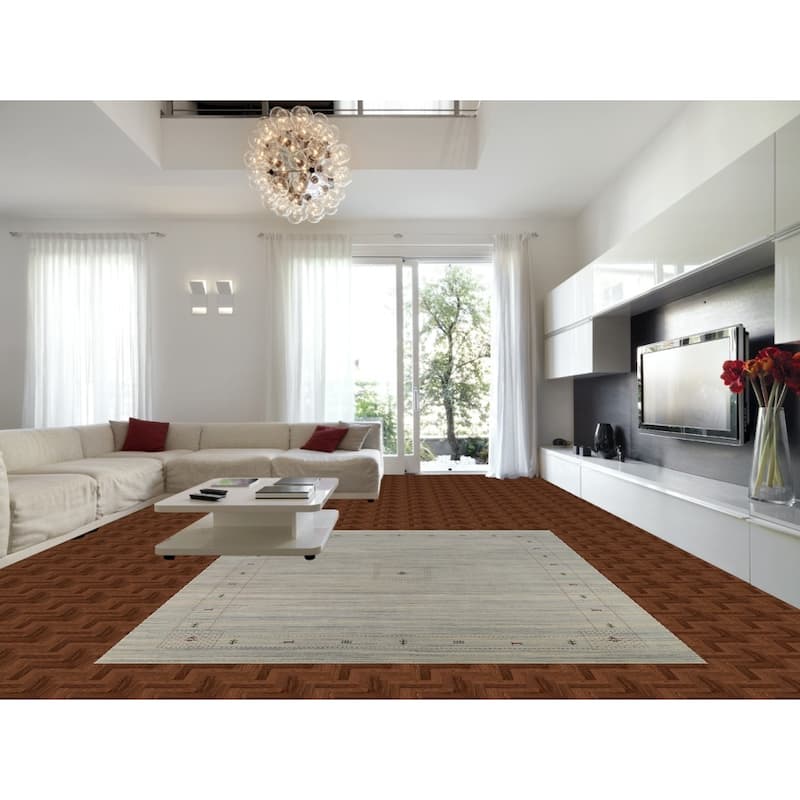 Striped Tribal Gabbeh Oriental Area Rug Hand-Knotted Beige Wool Carpet - 9'3"x 11'7"