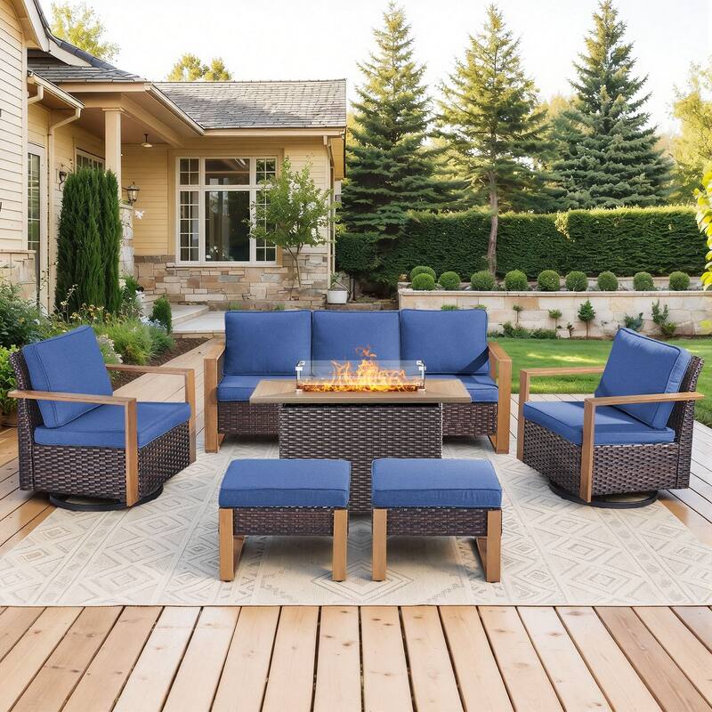 Meyreso Wicker Outdoor Patio Fire Pit Set with Swivel Gliders & 4.5" Olefin Cushions