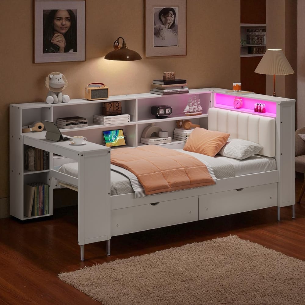 Twin/Full Size Platform Bed with Desk, Drawers, Shelves, Charging Station, LED Lights and Upholstered Headboard