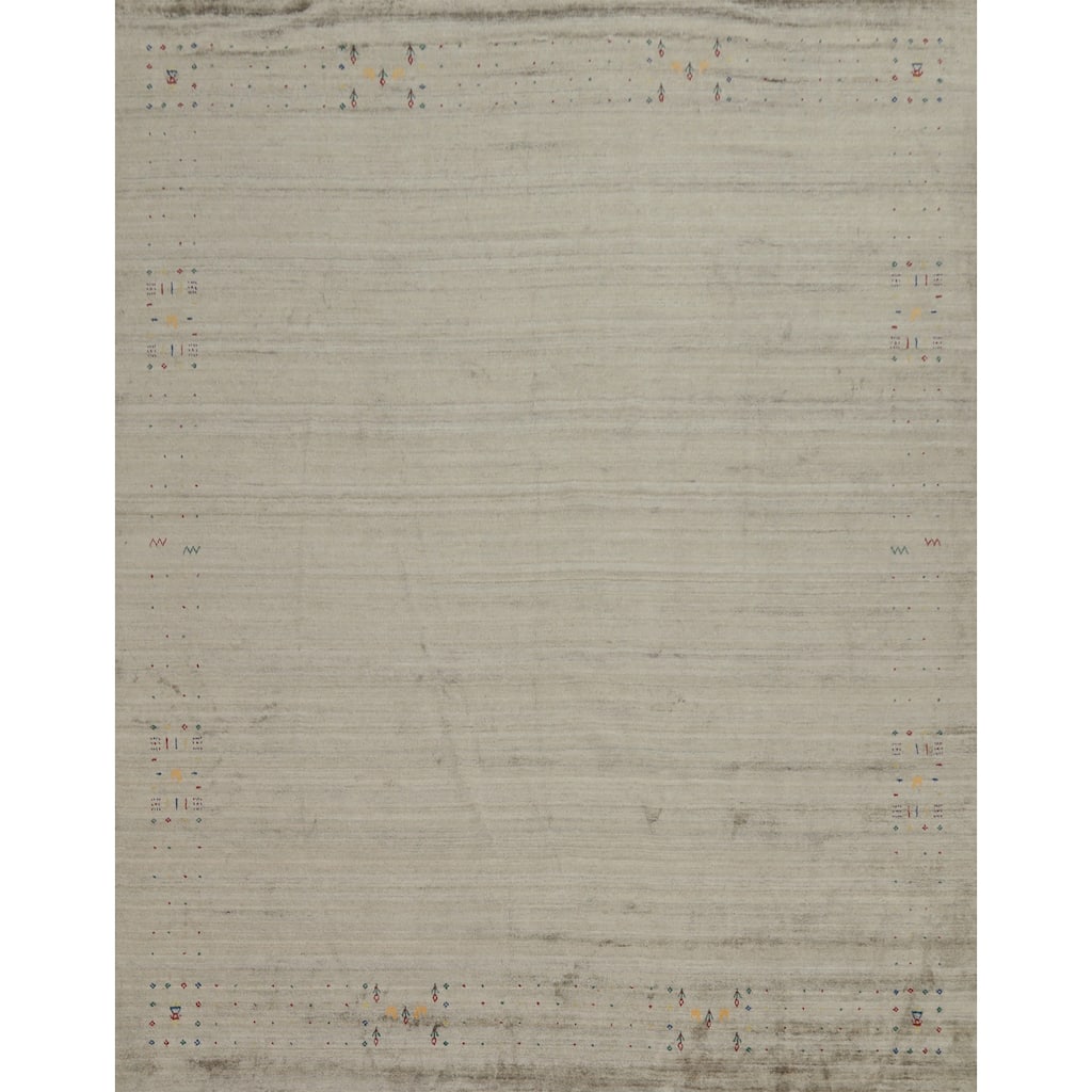 Hand Knotted Oriental Viscose Silk Carpet Tribal Animal Pictorial Beige & Ivories Gabbeh Area Rug - 11' 10'' X 11' 9''