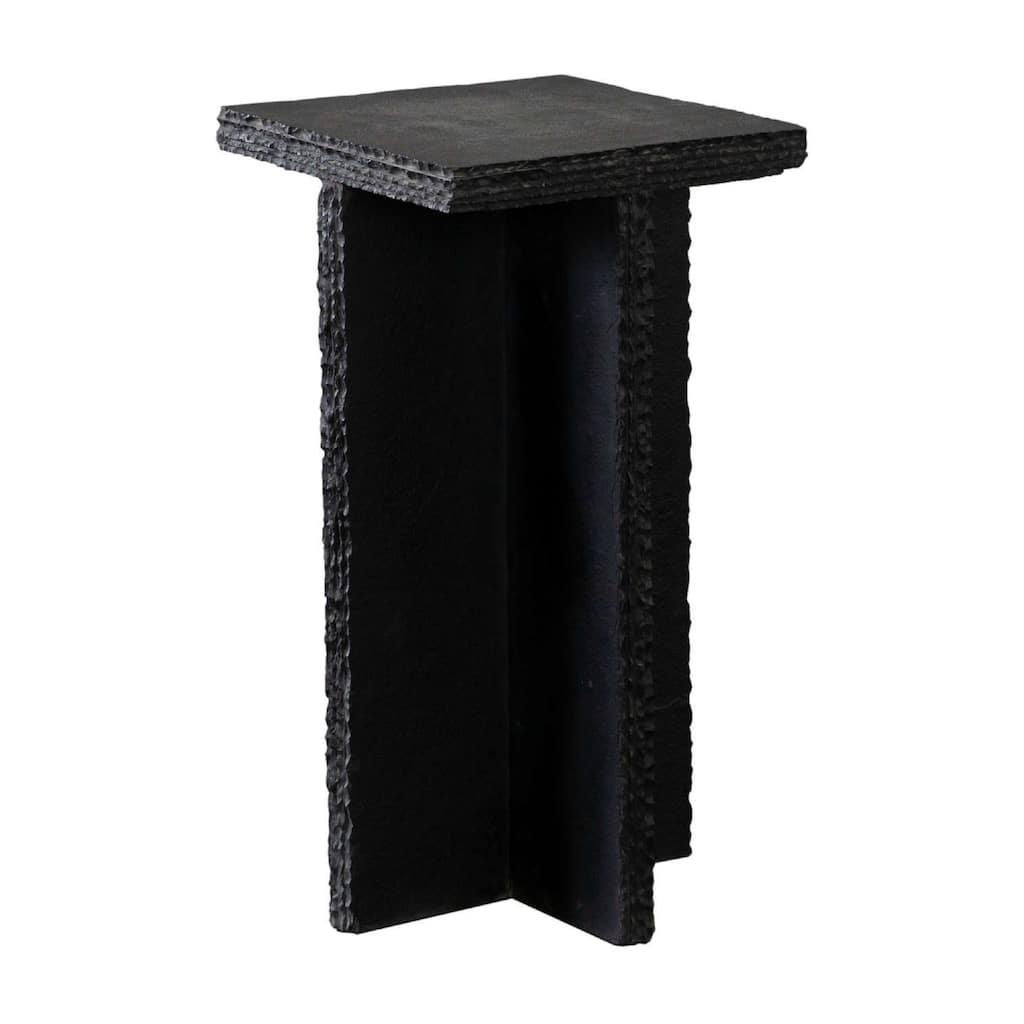 Tely Accent Side End Table, 12 Inch Square Black Slate Marble Top, X Base