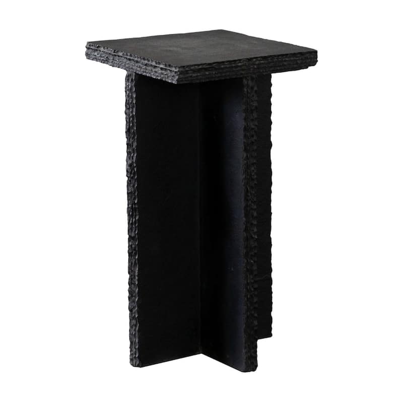 Tely Accent Side End Table, 12 Inch Square Black Slate Marble Top, X Base