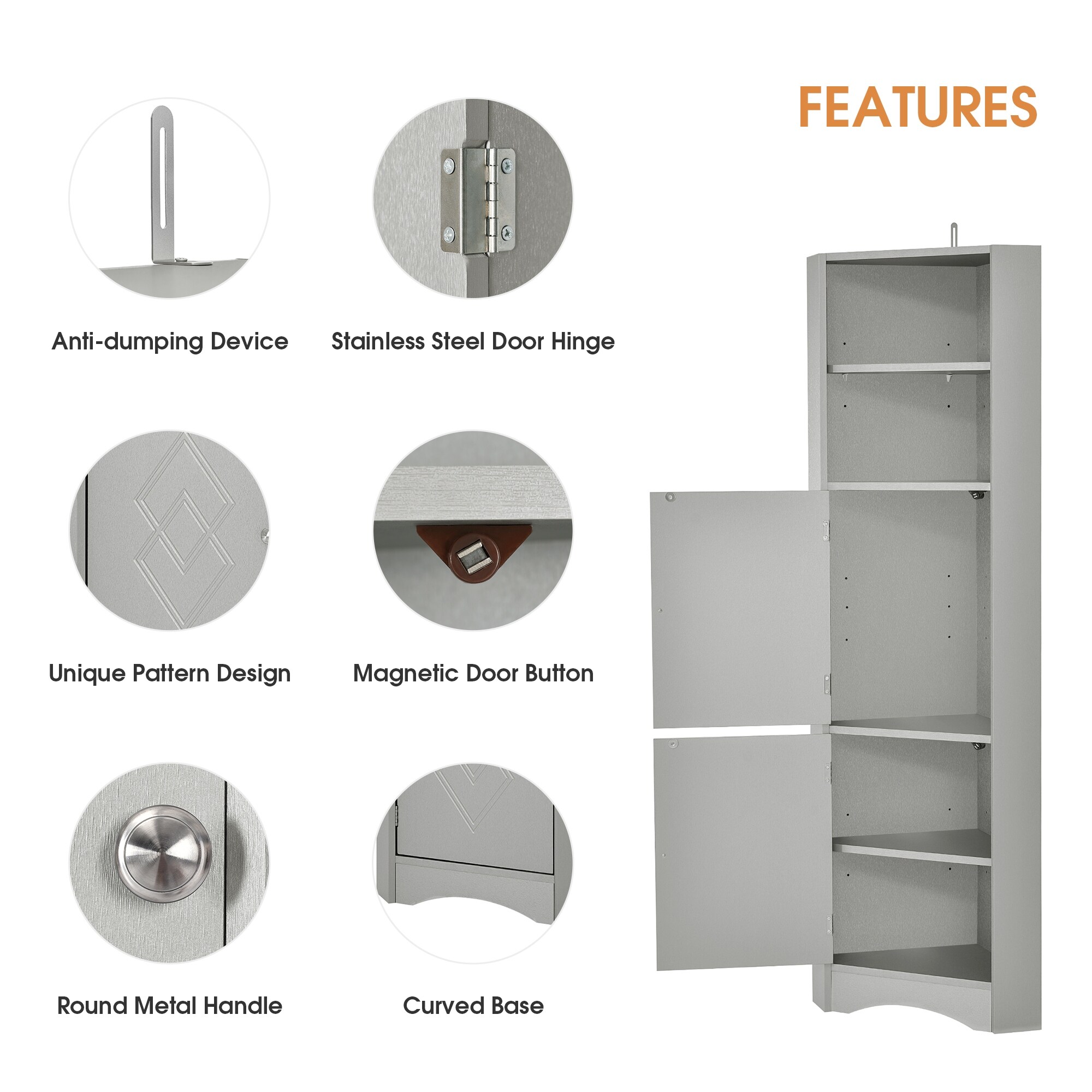 UTEX Bathroom Corner Storage Cabinet, Small Floor Corner Cabinet with Doors  and Adjustable Shelves, Freestanding Narrow Cabinet Organizer for