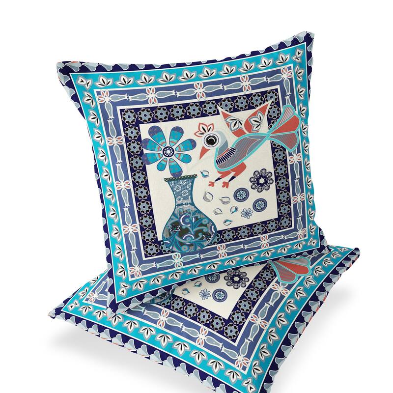 HomeRoots Set of Two 16" X 16" Blue and Off White Peacock Blown Seam Floral Indoor Outdoor Throw Pillow