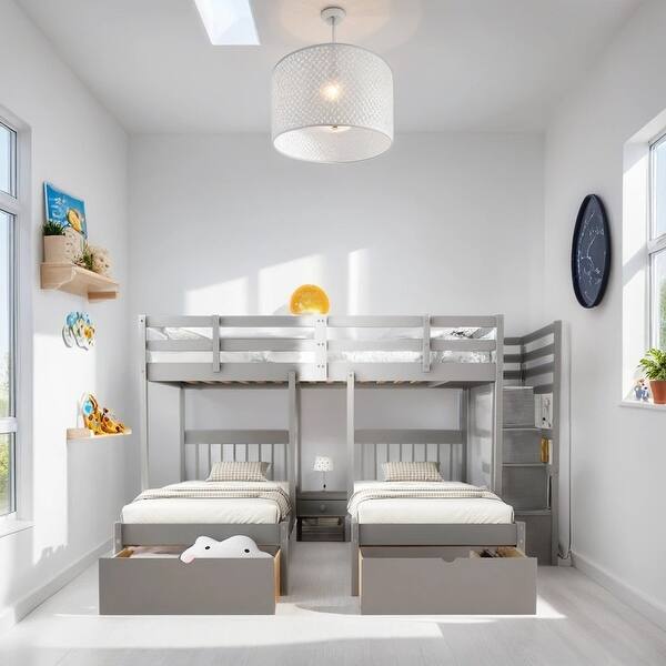 slide 2 of 18, Full Over Twin & Twin Bunk Bed Kids Bed Wood Triple Bunk Bed with Drawers and Guardrails, Gray