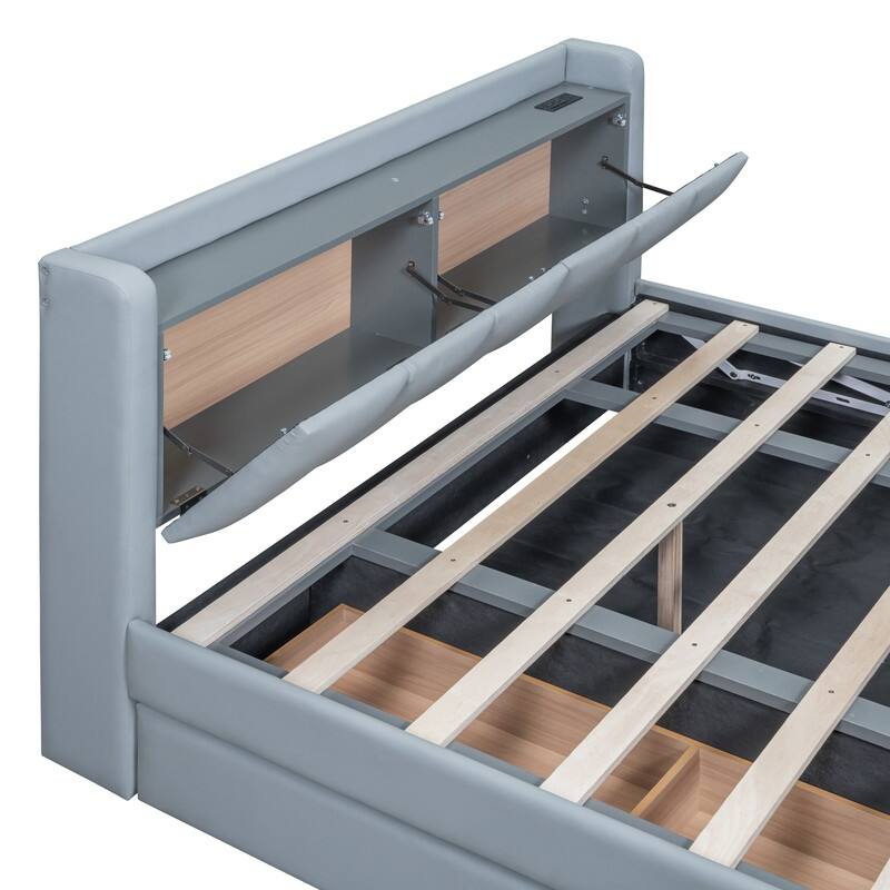 Queen Size/Twin XL Size Upholstered Platform Bed Frame with Hydraulic Storage System, Drawer,Shelves and UPS Ports