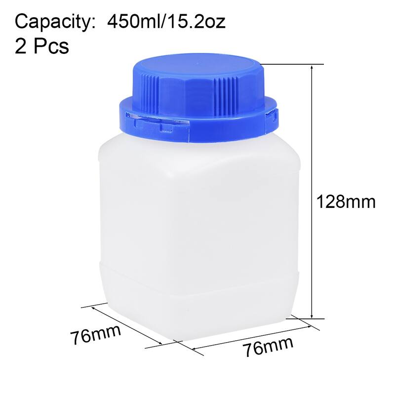 2x Plastic Lab Reagent Bottle Sample Sealing Liquid Storage Container - Translucent, Blue - 450ml/15.2oz