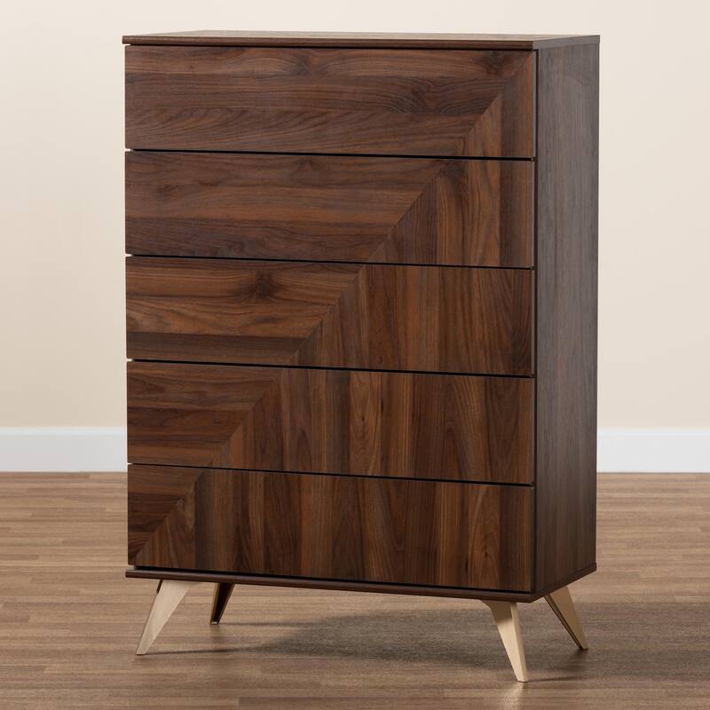 Graceland Mid-Century Modern Transitional Walnut Brown Finished Wood 5-Drawer Storage Chest