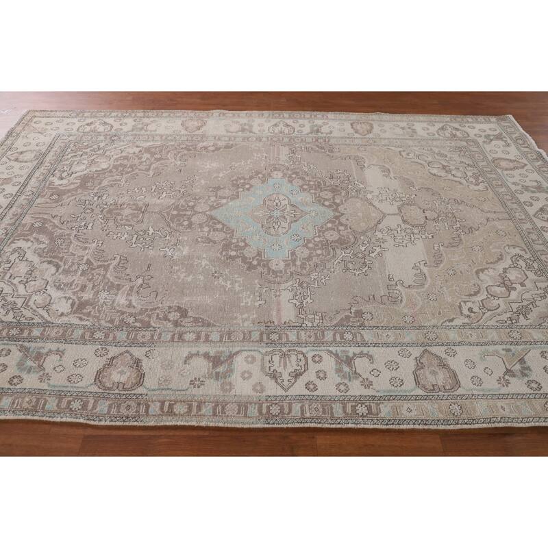 Distressed Tabriz Persian Vintage Rug Handmade Beige Wool Carpet - 6'6"x 9'8"