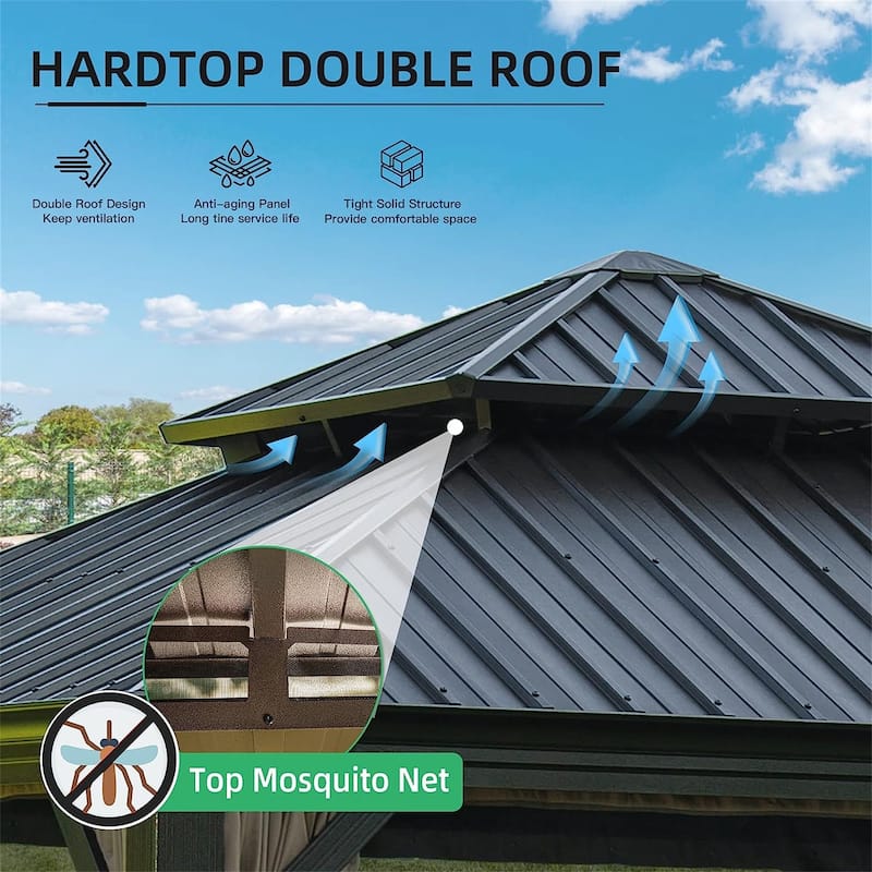12' x 12' Outdoor Brown Aluminum Hardtop Gazebo with Galvanized Steel Double Roof with Curtains and Netting