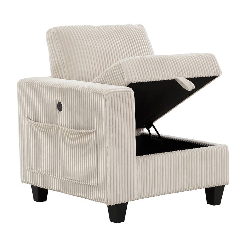 4-Piece Modular Sectional in Beige Corduroy, with Storage, Pockets, Ports, 89x64x36 inches, 235 lbs