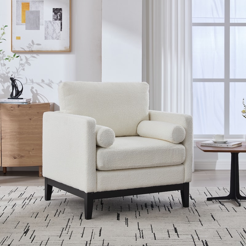 Modern Accent Chair with Wood Base, Boucle Upholstered Armchair with 2 Bolster Pillows, Single Sofa Chair for Living Room - Ivory