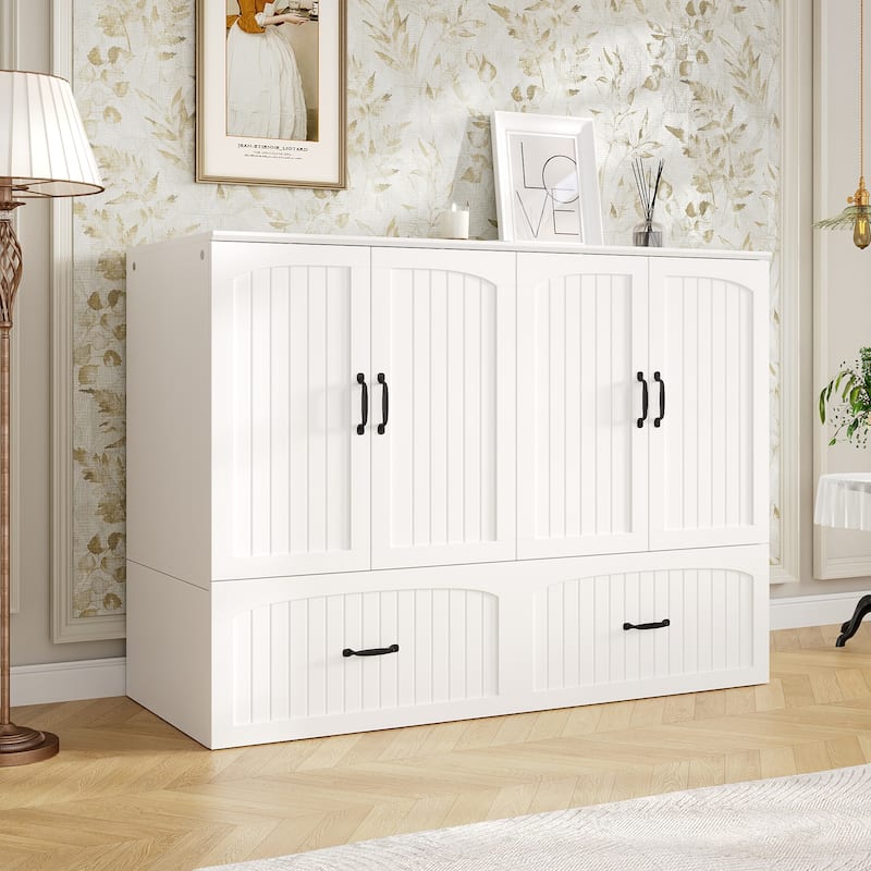 Queen Size White Storage Bed Frame with Headboard Storage, Built-In Cabinets, Drawers & Side Shelf