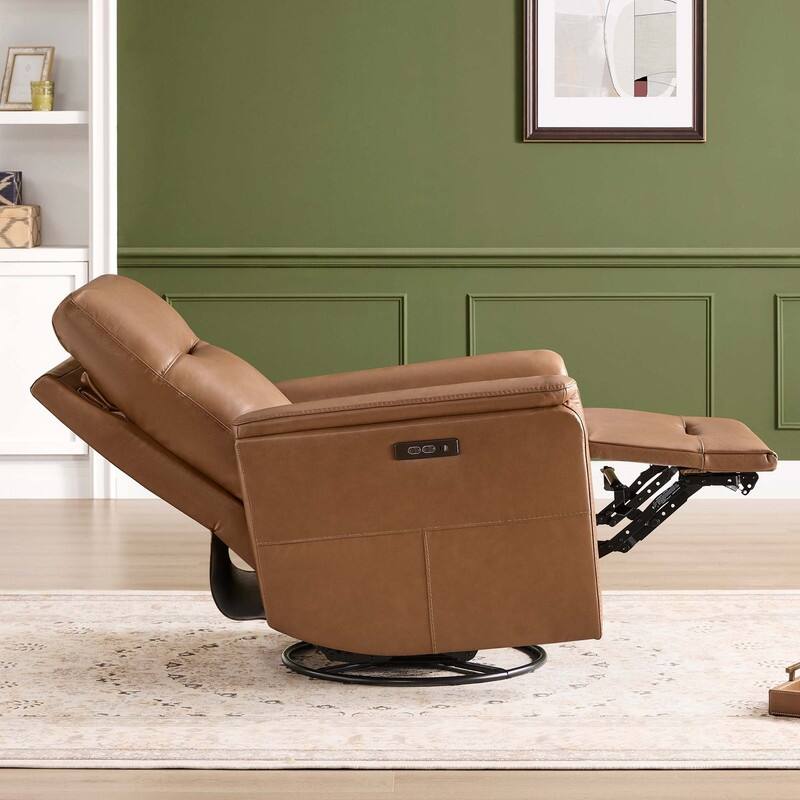 Spruce & Spring Genuine Leather Swivel Glider Recliner with Adjustable Headrest