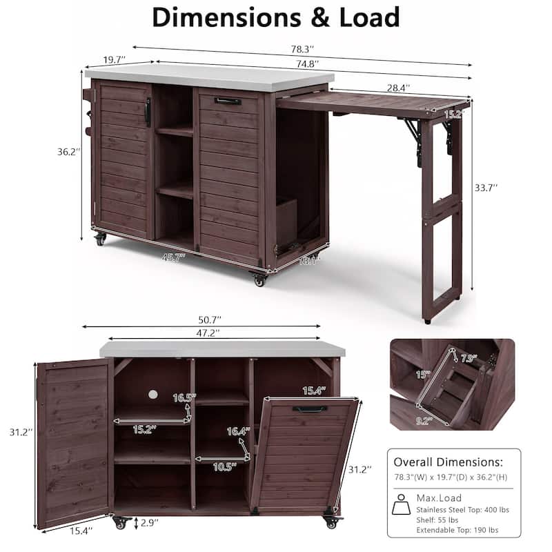 78.3" Outdoor Kitchen Island with Foldable Grill Table, Wooden Outdoor Grill Cart with Trash Can Storage & Stainless Steel Top