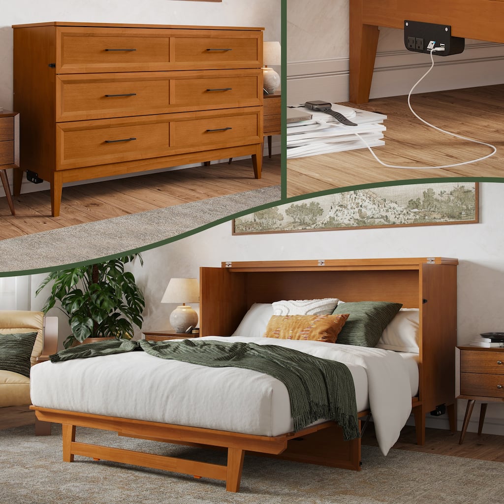 Santa Fe Queen Murphy Bed Chest with 6" Mattress & Built-In Charger in Light Toffee