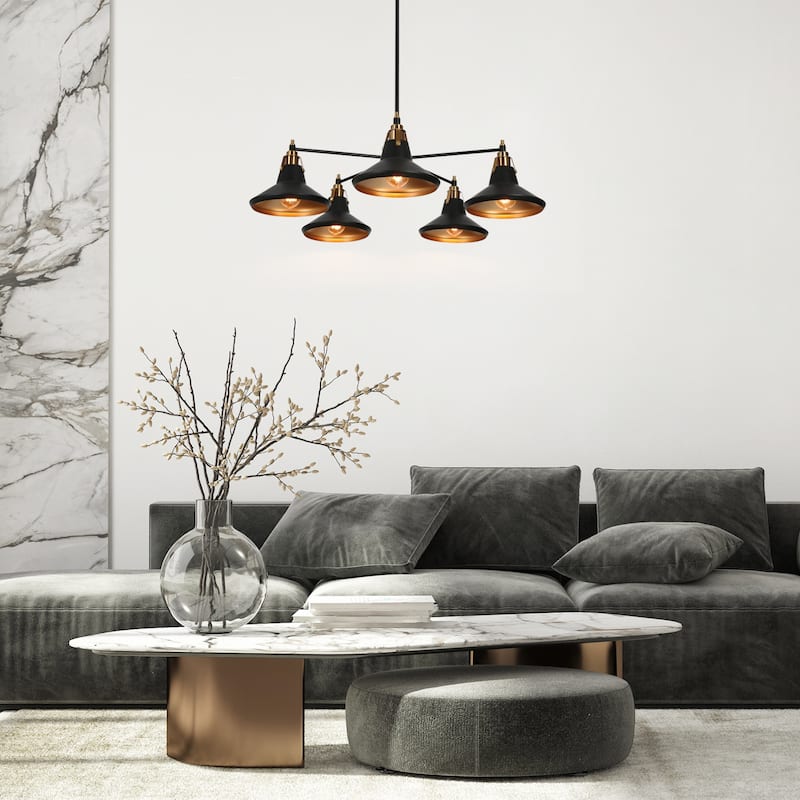 Modern Industrial 5-Light Black Gold Wheel Kitchen Island Chandelier Metal Pendant Lights for Dining Room - 33" D x 9" H