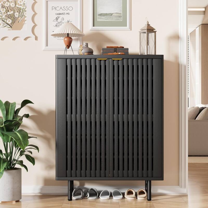 6-Tier Farmhouse Rattan Shoe Storage Cabinet for Entryway Foyer Hallway - Black