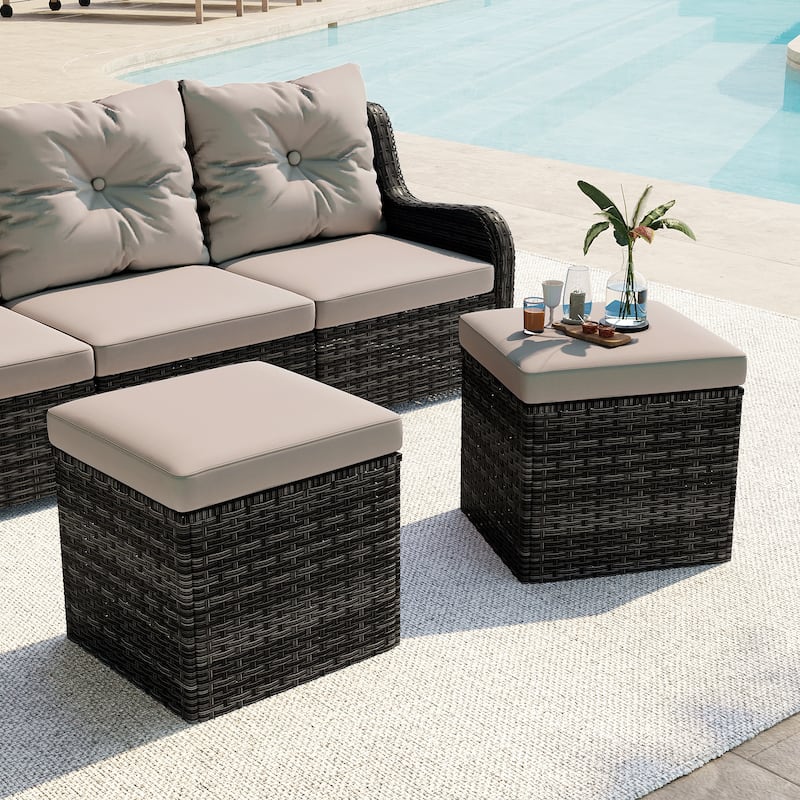 2 Set Outdoor 17.7" W Square Rattan Ottoman Patio Ottoman with Cushion - Khaki