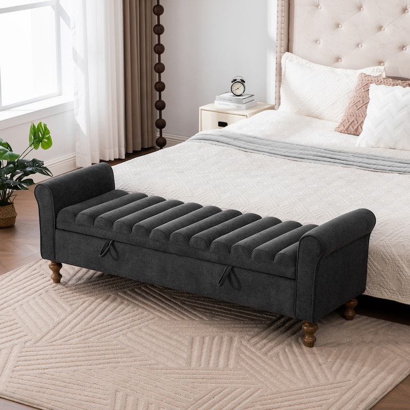 65.55" Storage Ottoman Bench, Bed of End Bench Upholstered Bench with Rolled Armrests - Charcoal