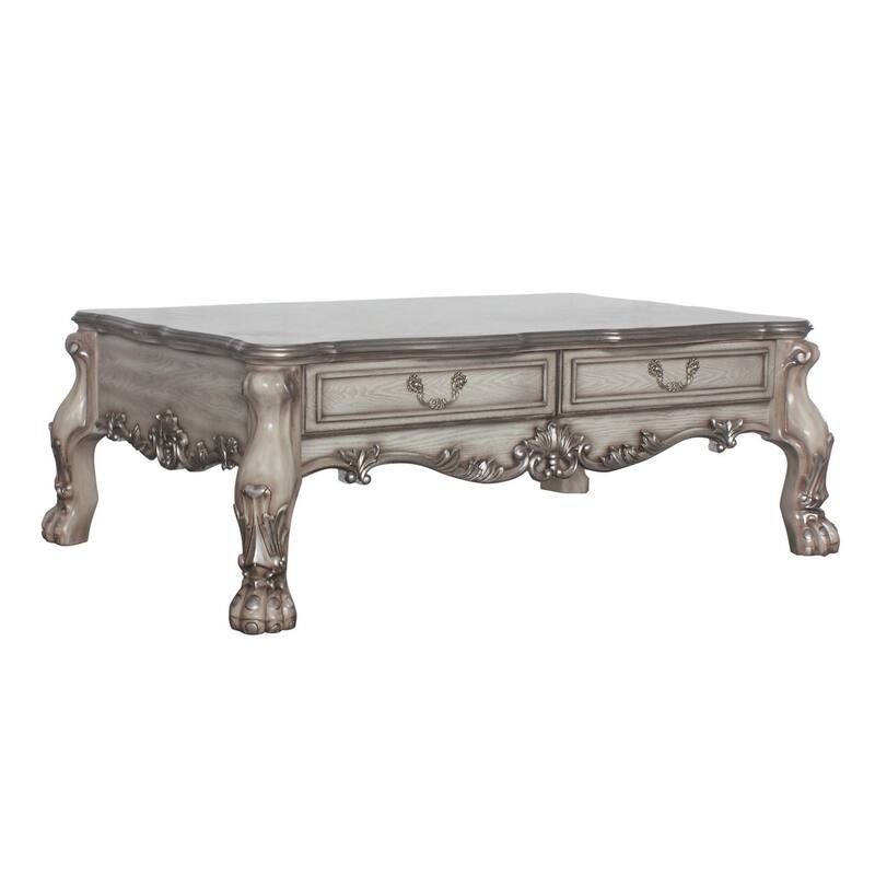 2 Drawers Wooden Coffee Table with Oversized Claw Legs, Antique Silver