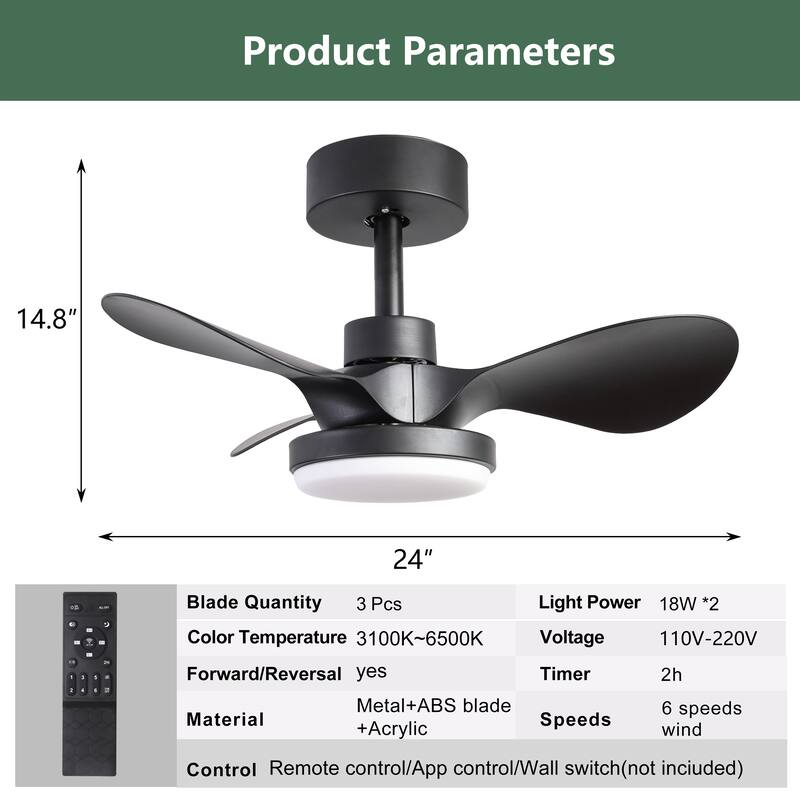 24 inch Small Ceiling Fan with Light Remote 6 Speed Quiet Reversible DC Motor Low Profile Black