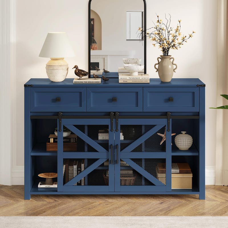 55'' Sliding Barn Door Sideboard with 3 Drawers, Particle Board & Metal Mesh Storage Cabinet - Navy Blue