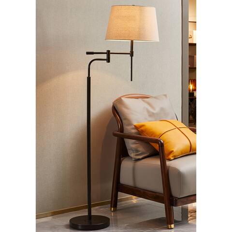 KAWOTI 61'' Swing Arm Floor Lamp with Beige Fabric Lamp Shade