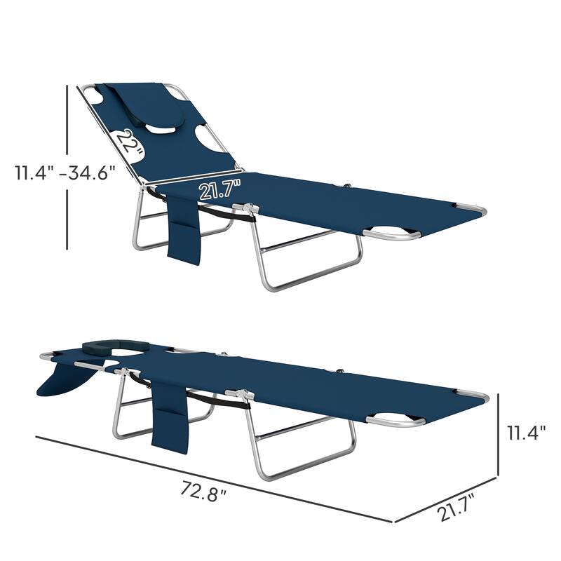 Adjustable Folding Lounge Chair with Face Cavity Arm Slots Pillow and Side Pocket Portable Oxford Fabric Recliner