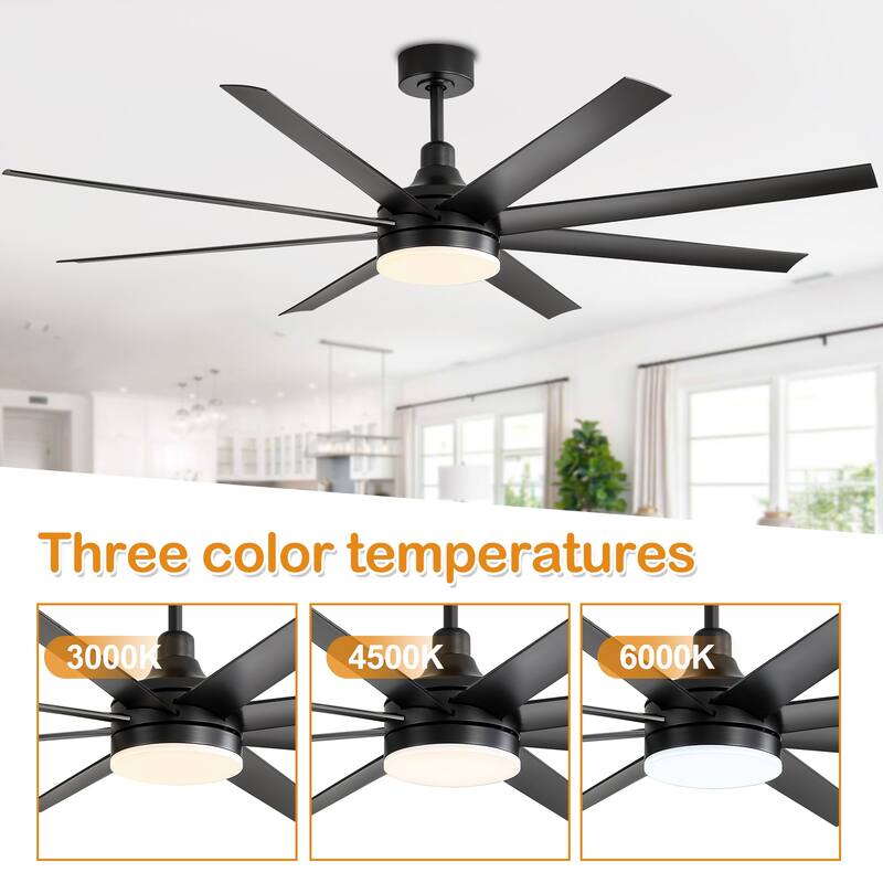 65 Inch LED Black and White Ceiling Fan with Light Remote- 8 Blade