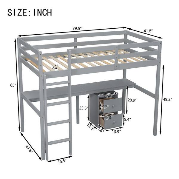 Twin Loft Wood Bed with Under-bed, Built-in Desk, a Storage Cabinet of 2 Drawers, Guardrails, Ladder