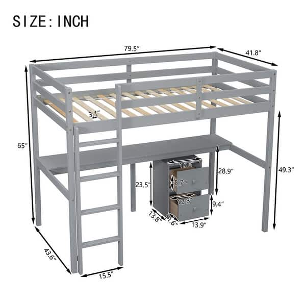 dimension image slide 0 of 2, Wood Loft Bed with Guardrails&Ladder, Built-in Desk, a Storage Cabinet of 2 Drawers