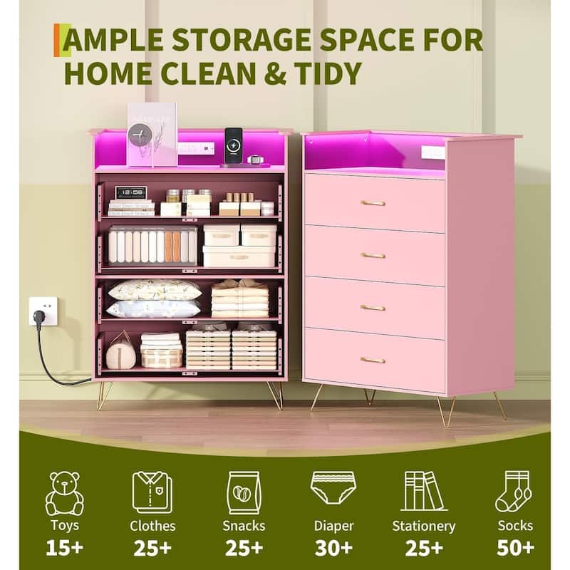 4-Drawer Dresser for Bedroom with Charging Station & RGB Lights