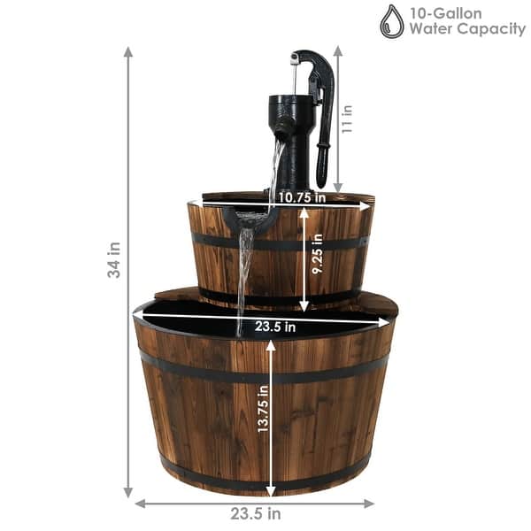 Rustic 2-Tier Wood Barrel w/ Pump Outdoor Water Fountain - 34-Inch