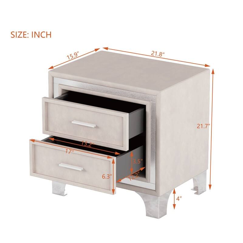 2-Drawer Nightstand with Metal Legs for Bedroom
