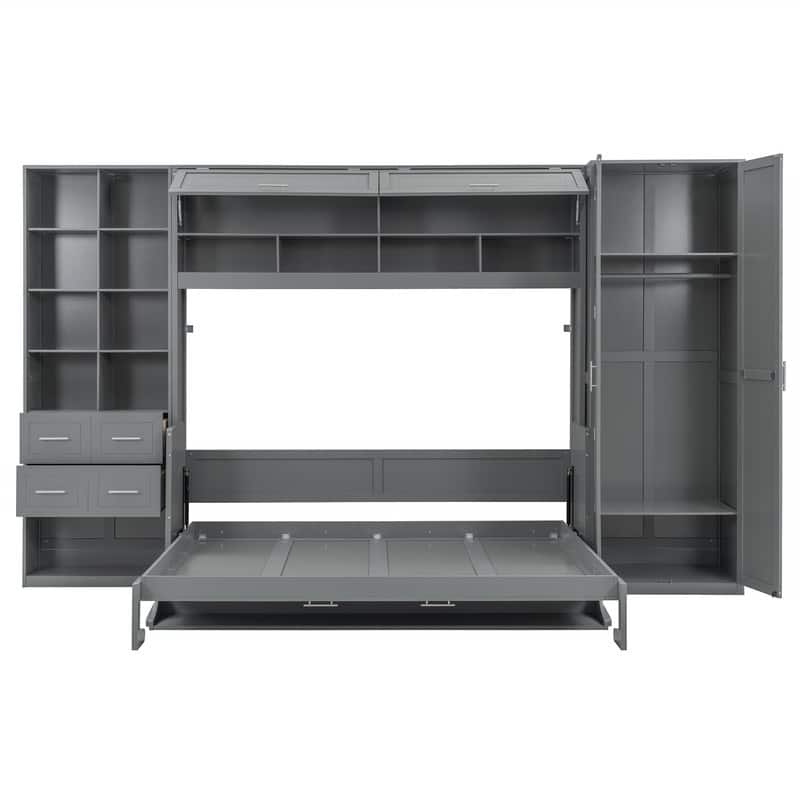 Full/Queen Size Murphy Wall Bed with Closet and 2 Storage Drawers, Space Saving Foldable Murphy Cabinet Bed with Storage Shelves