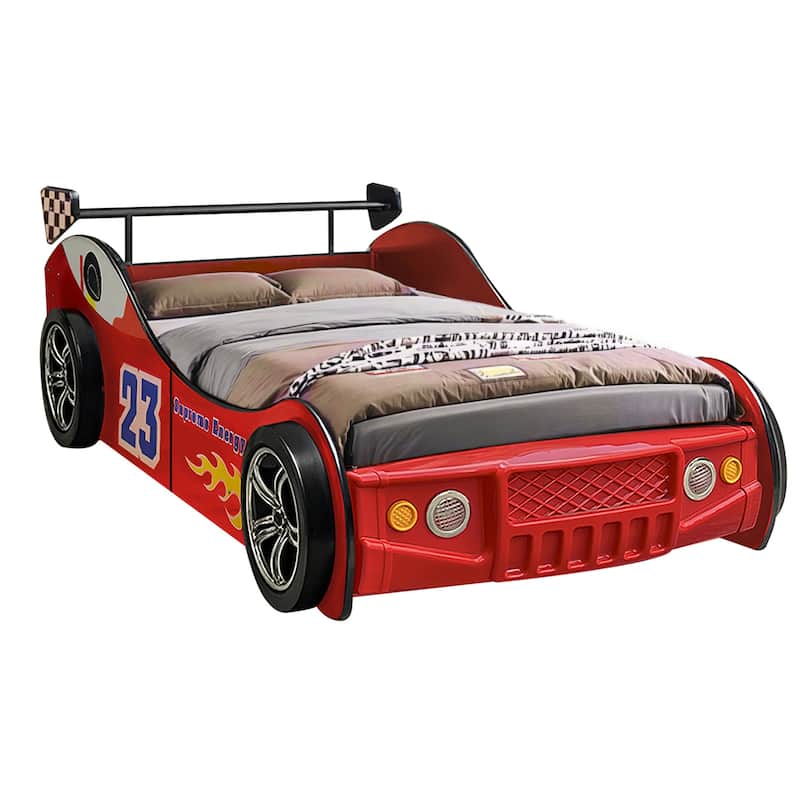 Kids Racing Car Floor Bed with LED Light and Safety Guardrails - Red